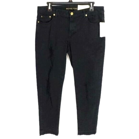 Michael Kors Izzy Black Cropped Ripped Skinny Raw Hem Skinny Jeans Womens 10 NWT - Picture 2 of 15
